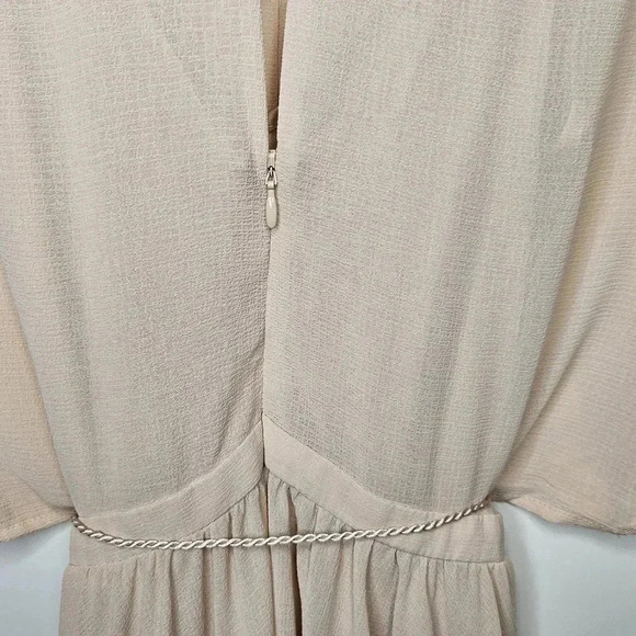H & M Boho Flowy Lined Midi Dress Flutter Sleeve Waist Tie Neutral Beige Size 6 - Picture 4 of 11